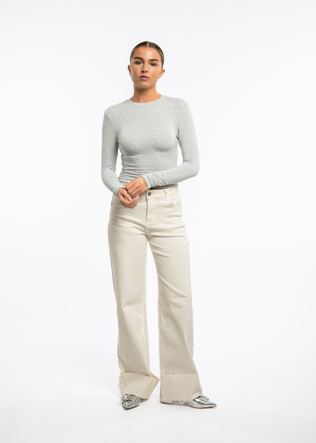 Jeansy damskie Tailor wide leg z wysokim stanem kremowe