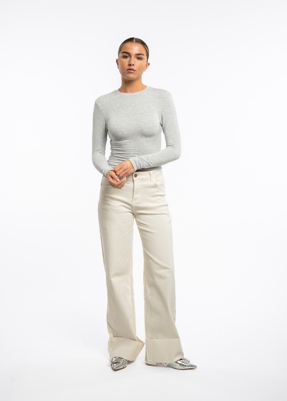Jeansy damskie Tailor wide leg z wysokim stanem kremowe