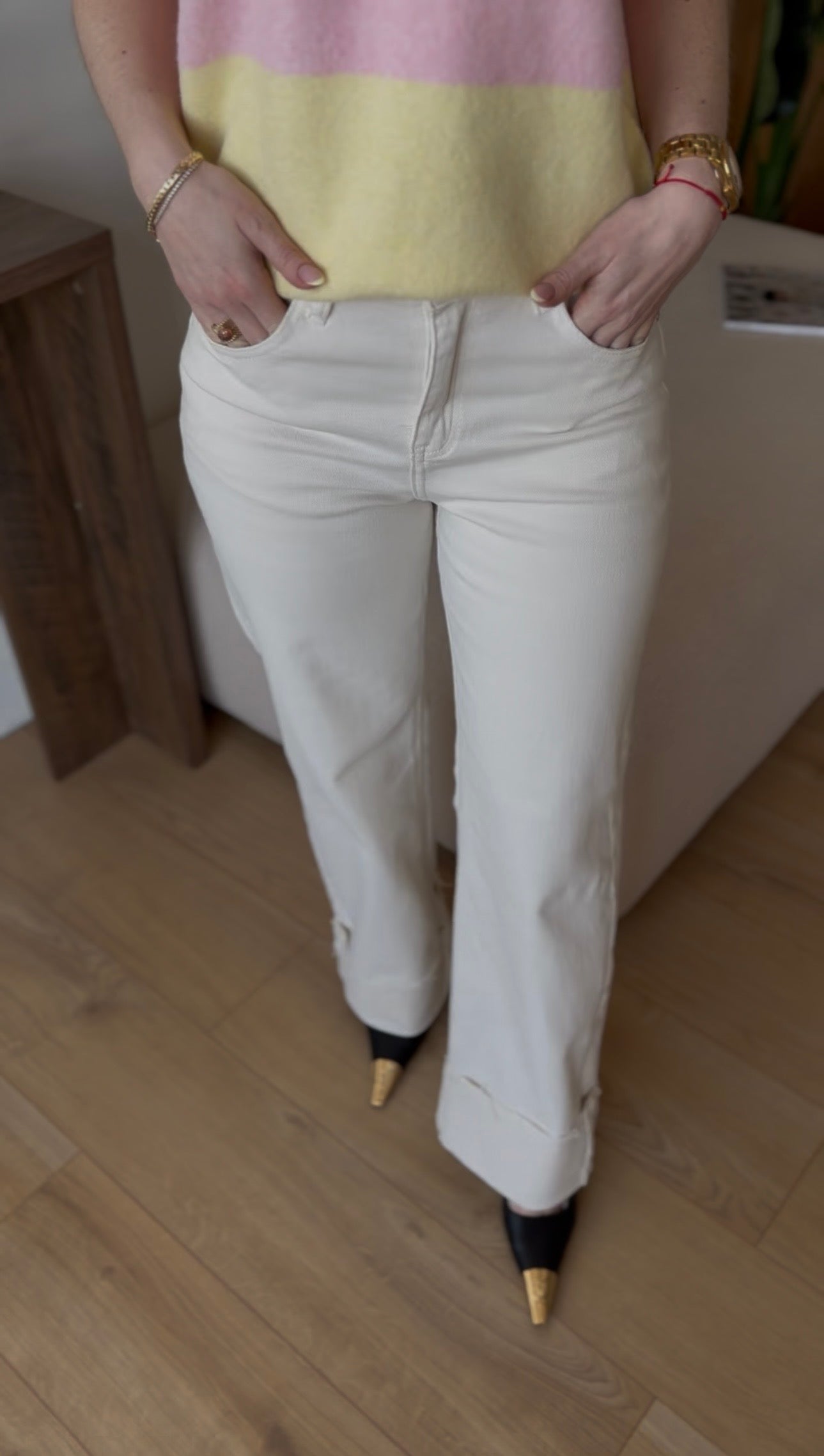 Jeansy damskie Tailor wide leg z wysokim stanem kremowe