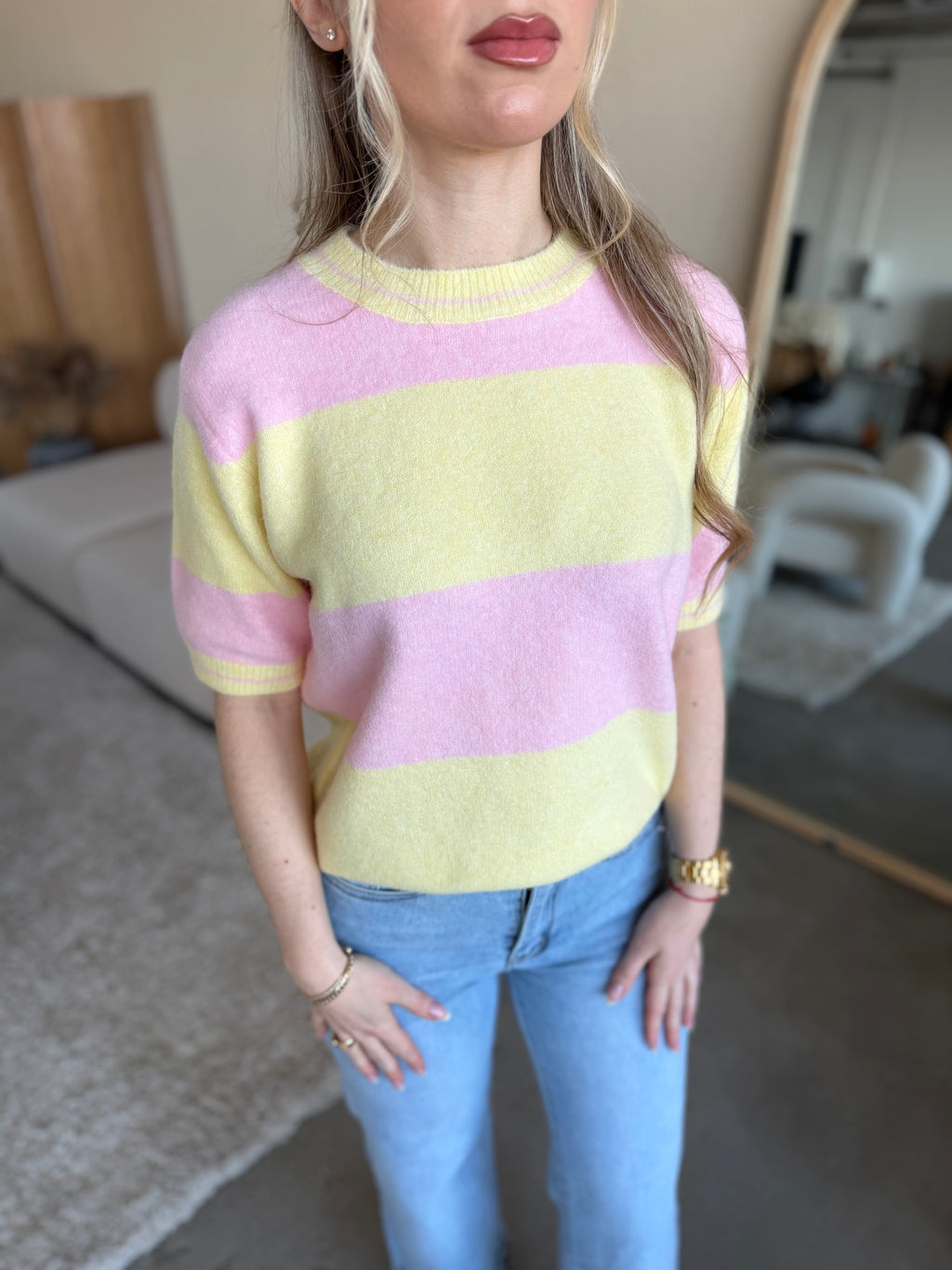 Sweter damski pastelowy w paski Dolce żółty