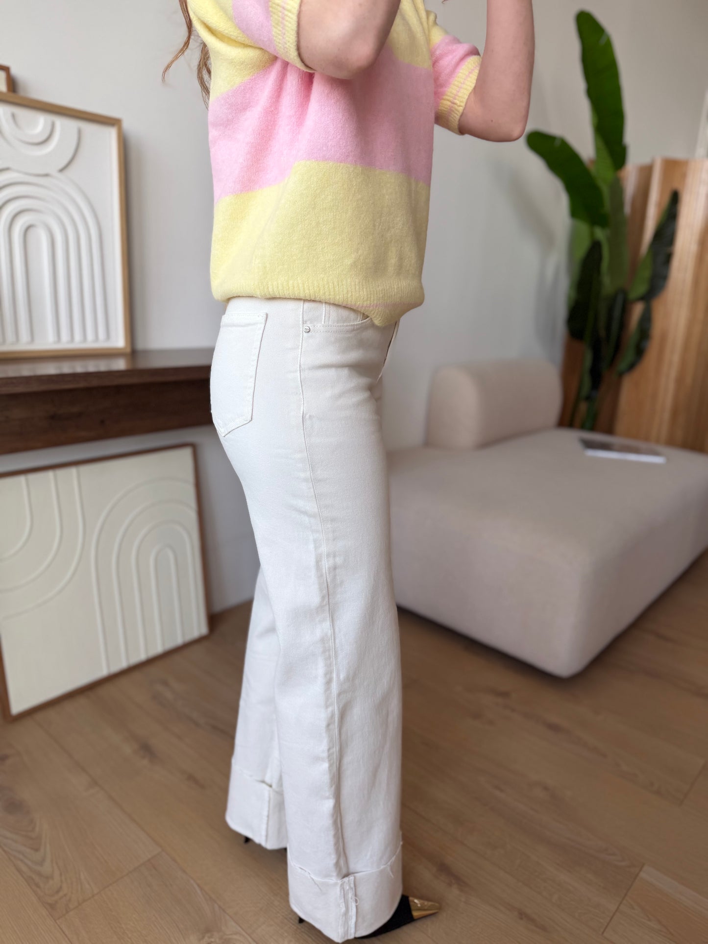 Jeansy damskie Tailor wide leg z wysokim stanem kremowe