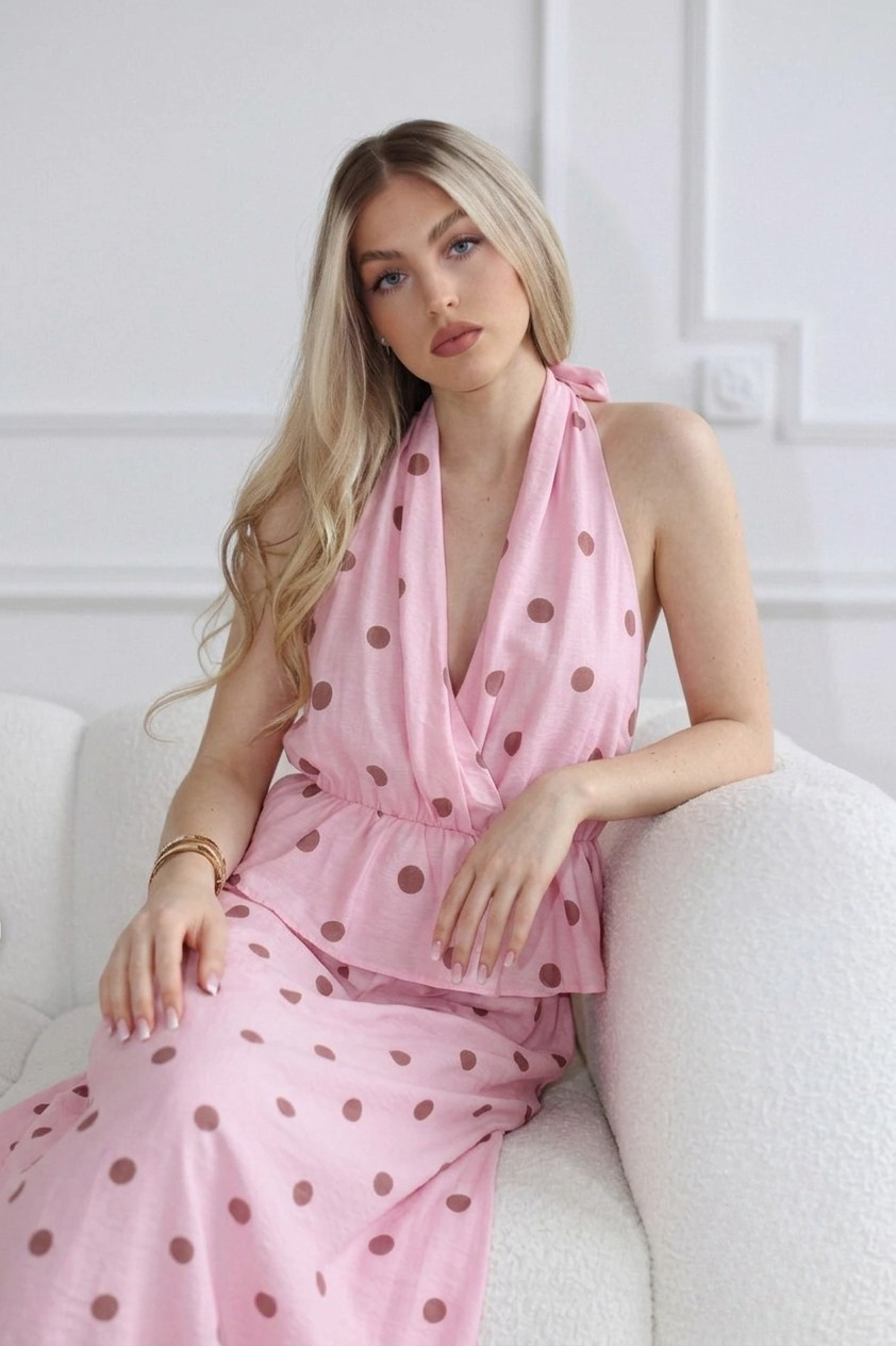 Komplet damski dwuczęściowy w kropki Polka Dots różowy