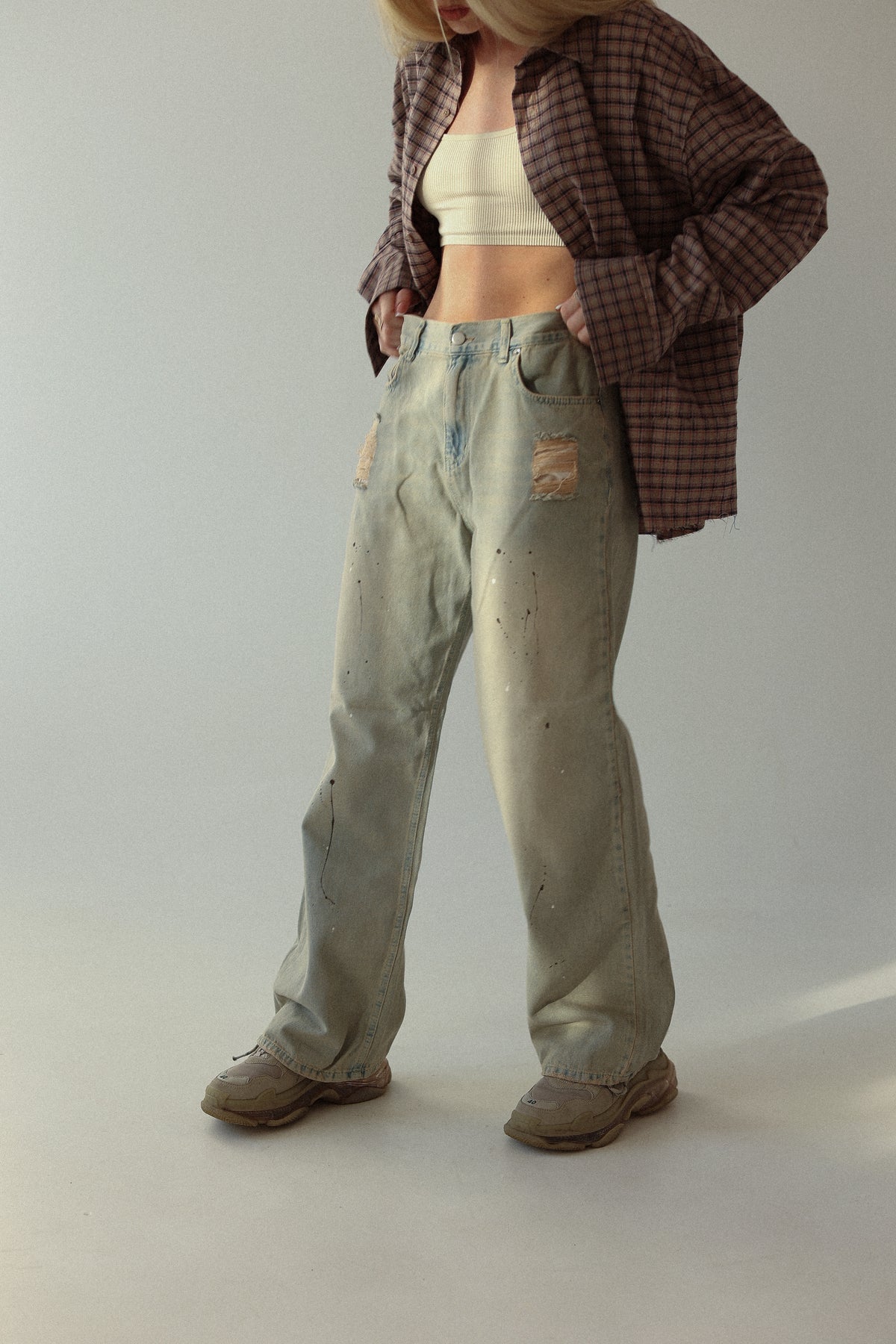 Jeansy damskie wide leg z plamkami Splash